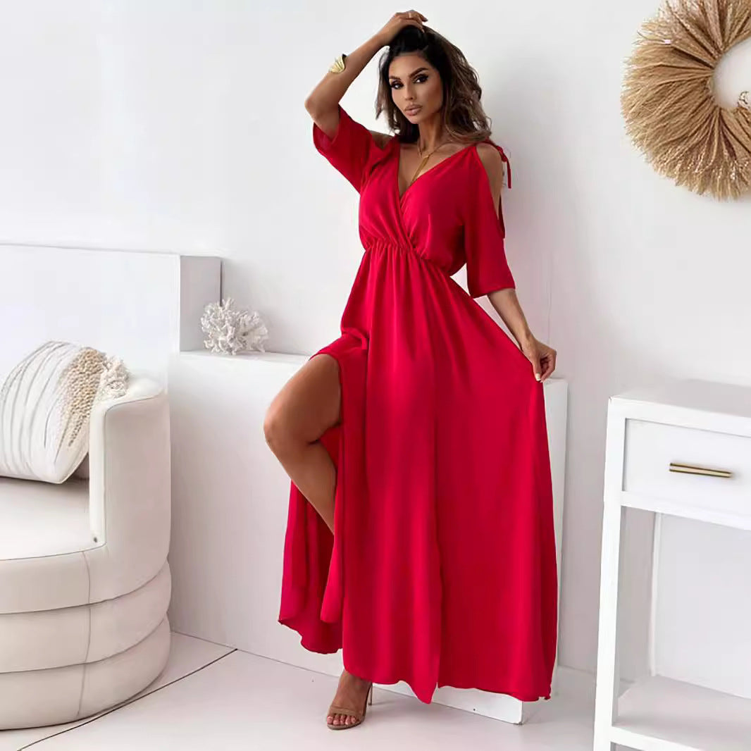 Women Clothing Solid Color Sexy Sling Half Sleeve Mid Length Dress