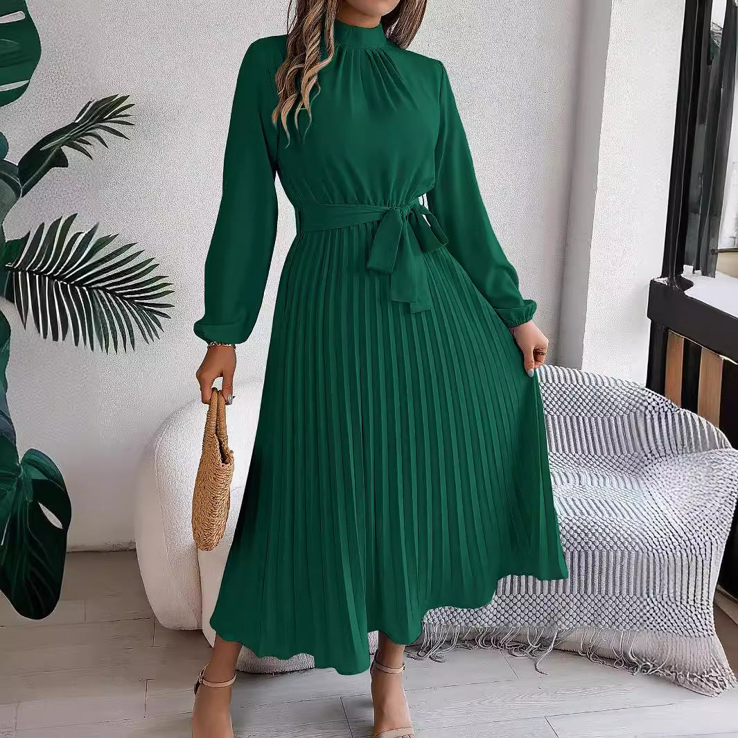 Autumn Winter Elegant Stand Collar Long Sleeve Cinched Pleated Maxi Dress Small Dress Women Clothing