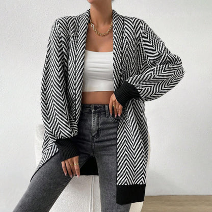 Cardigan Autumn Winter Mid Length Casual Knitted Coat Classic Striped Contrast Color Brocade Sweater Women