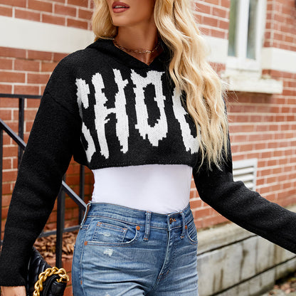 Casual Halloween Sweater Women Letter Graphic Jacquard Long Sleeved Hoodie Pullover Short Knitted Top