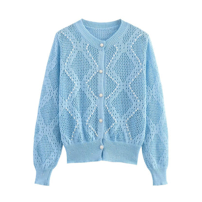 Autumn Winter Women Clothing Simple Rhombus Hollow Out Cutout Pearl Cardigan Knitted Coat Women