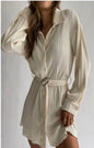 Spring Summer Popular Fashionable Pleated Long Sleeved Shirt Belt Dress