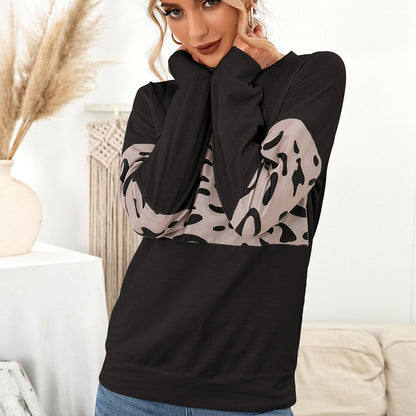 Autumn Winter Casual Knitted Leopard Print Pullover round Neck Contrast Color Patchwork Women