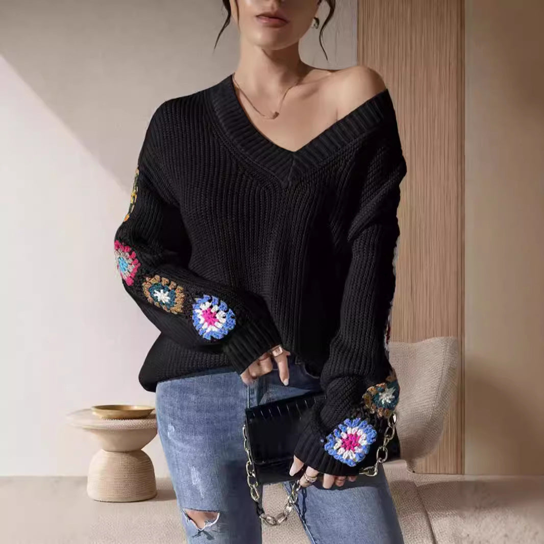 Autumn Winter Women Deep V Plunge neck off Shoulder Knitted Arm Crochet Embroidered Pullover Sweater