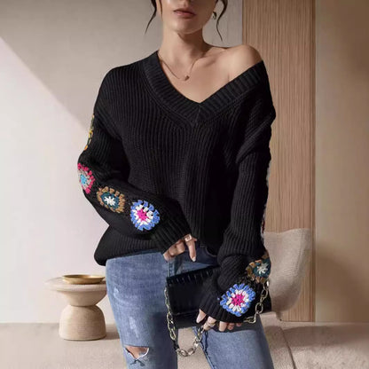 Autumn Winter Women Deep V Plunge neck off Shoulder Knitted Arm Crochet Embroidered Pullover Sweater