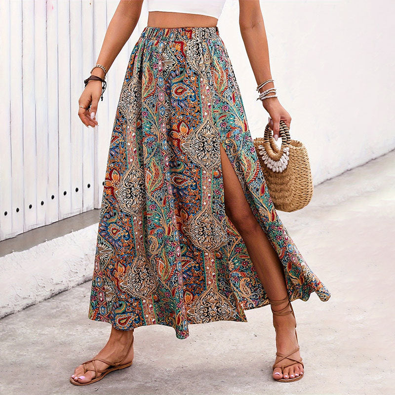 National Personalized Printed Slit A line Skirt Spring Summer High Sense Women Clothing Skirt Skirt