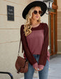 Women Spring Summer Lace Color Matching Waffle Top Round Neck T Shirt