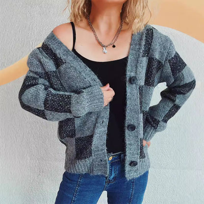 Autumn Winter Loose Single Breasted Knitted Cardigan Top Women Plaid Bow Brocade Sweater Coat Women