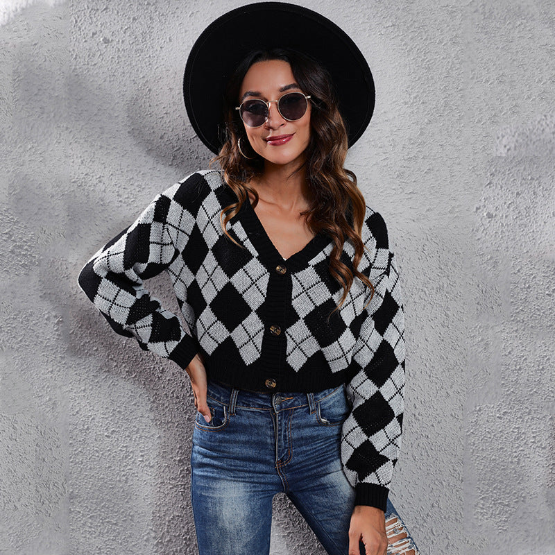 Popular Rhombus Color Matching Rhombus Knitted Cardigan Short Sweater Women Women Clothing