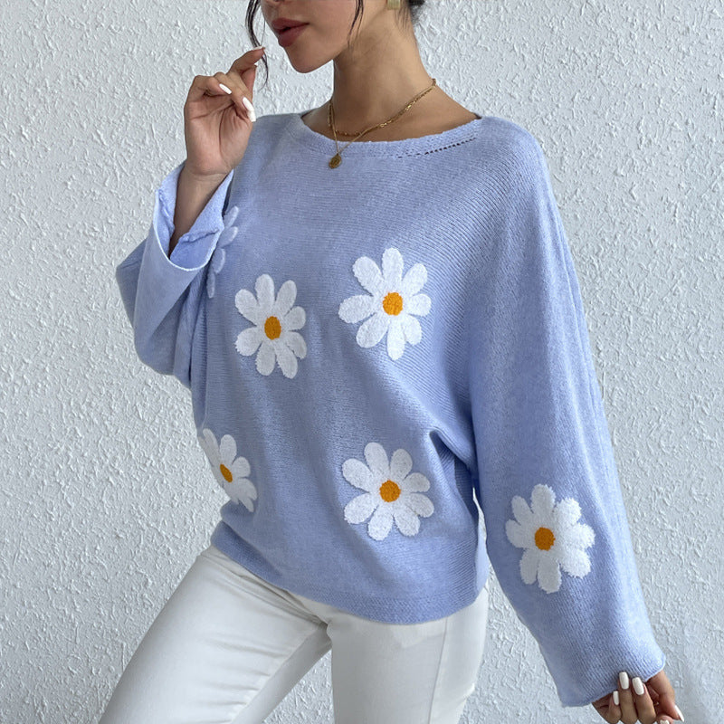 Loose Batwing Sleeve Sweater Autumn Winter Embroidered Floral College Off Shoulder Sweater