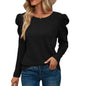 Autumn Winter Arrival Long Sleeve Pleated Patchwork Round Neck Waffle T shirt Top Women