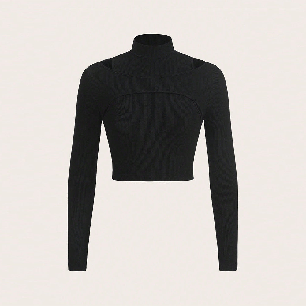 Autumn Winter Women Clothing Half Turtleneck Sexy Cutout Knitwear Long Sleeve T shirt Top