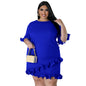 Plus Size Women Clothes Slim round Neck Solid Color Ruffles Casual Dress