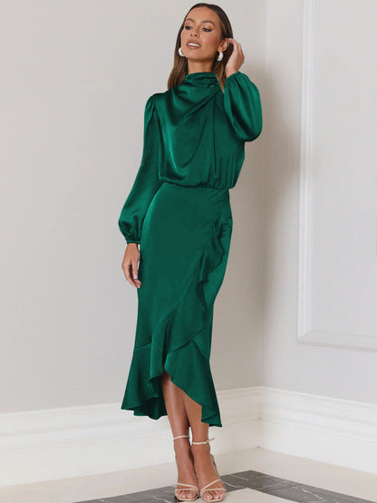 Fishtail High Grade Satin Long Sleeve Loose Dress Elegant Women Dress Evening Dress