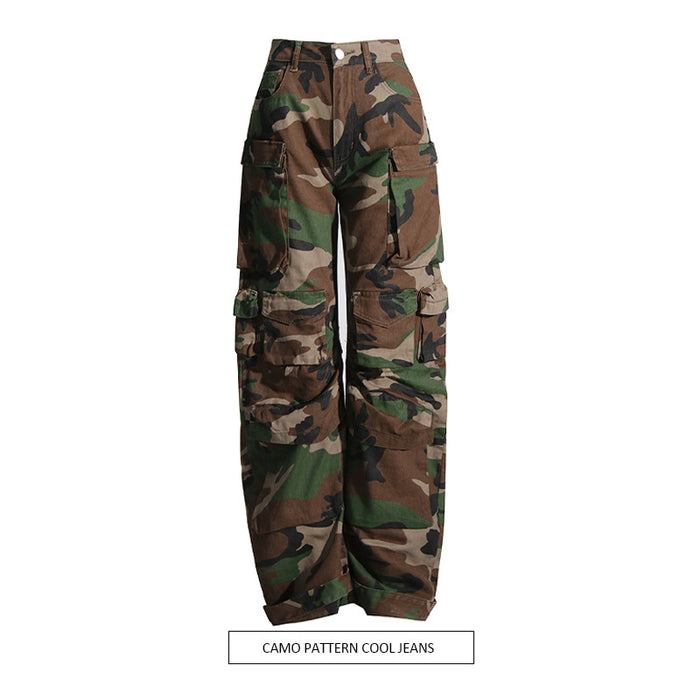 Side Multi Pocket Decorative Design Camouflage Cool Handsome Loose Street Jeans Overalls for Women