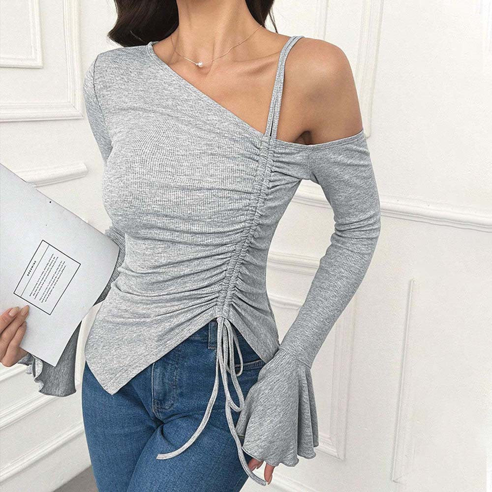 Women Clothing Sweet Spicy Diagonal Collar T Shirt Autumn Winter Ruffle Sleeve Unilateral Strap Short Top