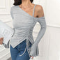 Women Clothing Sweet Spicy Diagonal Collar T Shirt Autumn Winter Ruffle Sleeve Unilateral Strap Short Top