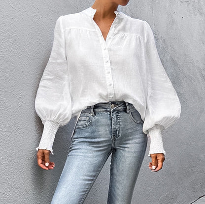 French Small Stand Collar Puff Sleeve Cotton Linen Women Shirt Spring Tops