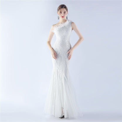 Craft Order Ostrich Feather Mesh Stitching Sequin High End Evening Dress