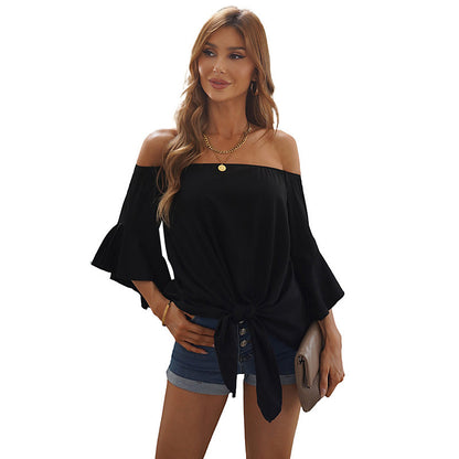 off Neck Chiffon Shirt Women Summer Solid Color Three Quarter Length Sleeve Lace up Pullover Top