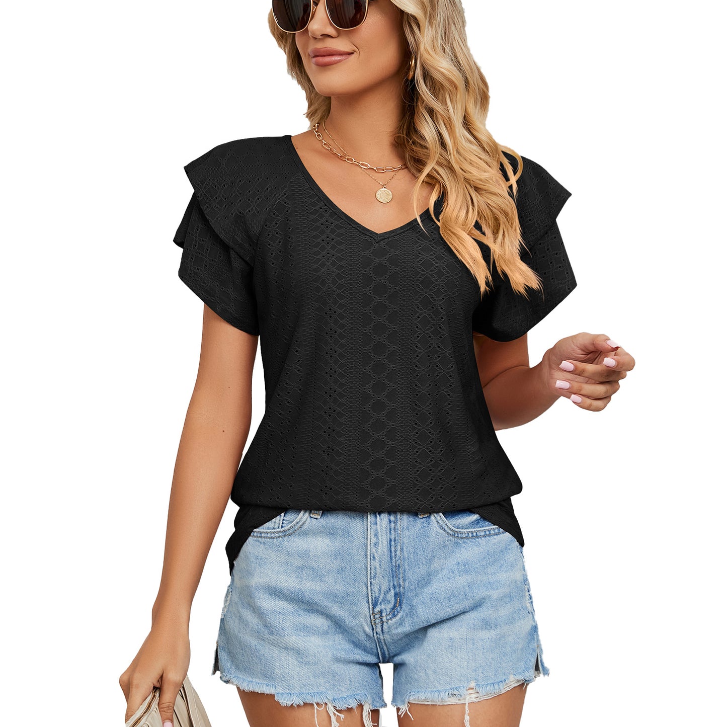 Spring Summer Solid Color Double Layer Sleeve V neck Loose Short Sleeve T shirt Top Women