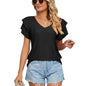 Spring Summer Solid Color Double Layer Sleeve V neck Loose Short Sleeve T shirt Top Women