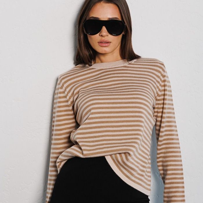 Striped Sweater Autumn Trendy Thread Contrast Color round Neck Knitted Striped Sweater