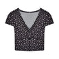 Summer Sexy Floral Bare Cropped Slim Fit Slimming V Neckline Short Sleeve T shirt Women