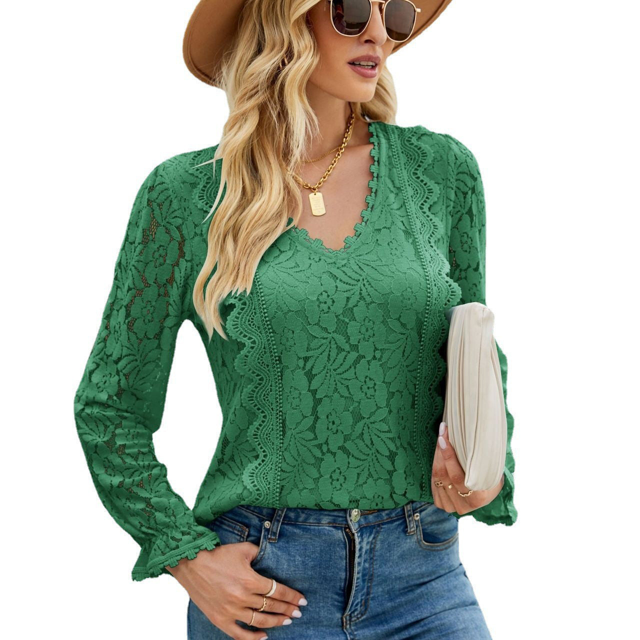 Autumn Winter Women Solid Color Hollow Out Lace Sexy Long-Sleeved Lace Top Women