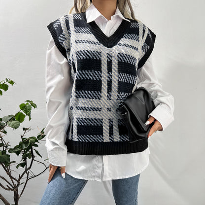 Women  Clothing Autumn Winter Knitted Vest Casual Plaid Sweater