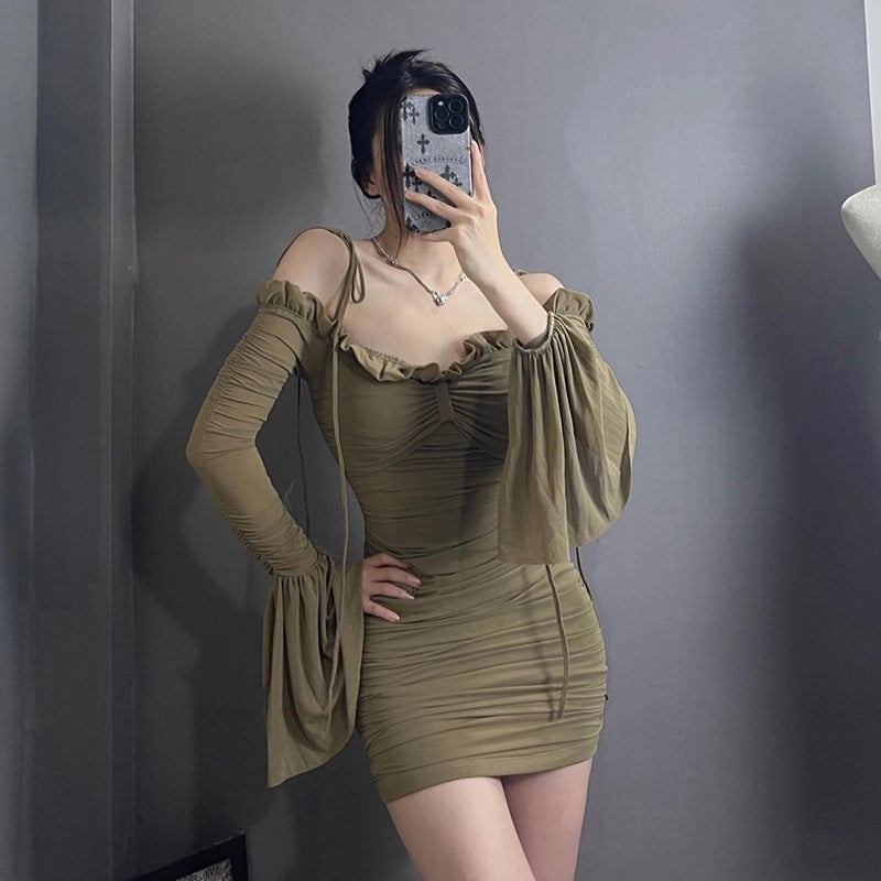 Fall Women Clothing Solid Color Sexy Sexy Bell Sleeve off Shoulder Slim Slimming Sheath Dress Women