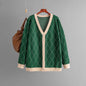 Autumn Winter Long Sleeved Sweater V Neck Loose Button Plaid Cardigan Coat