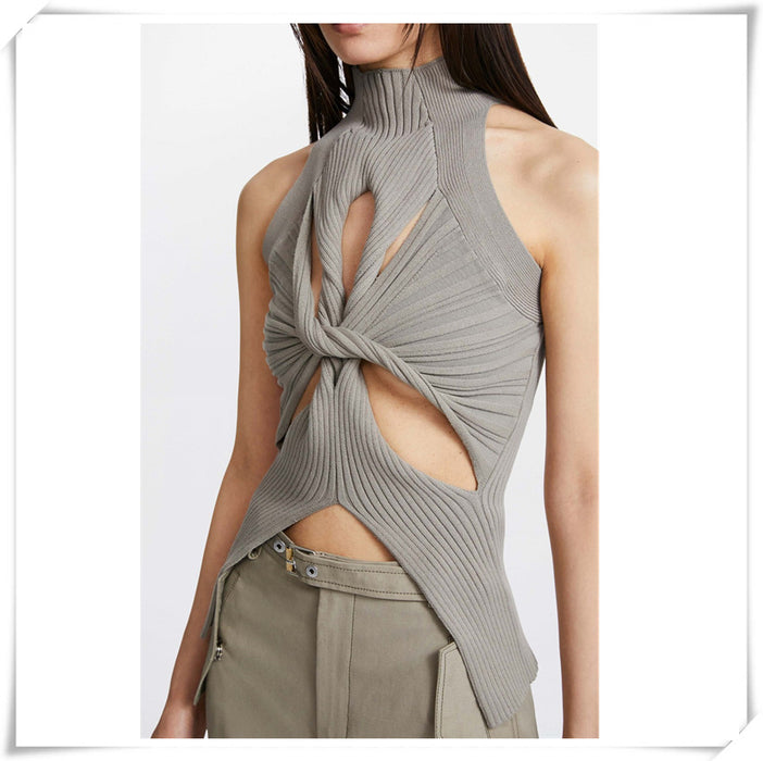 Minority Chest Hollow Out Cutout Twist Design Spring Irregular Asymmetric Hem Sleeveless Turtleneck Knitting Vest
