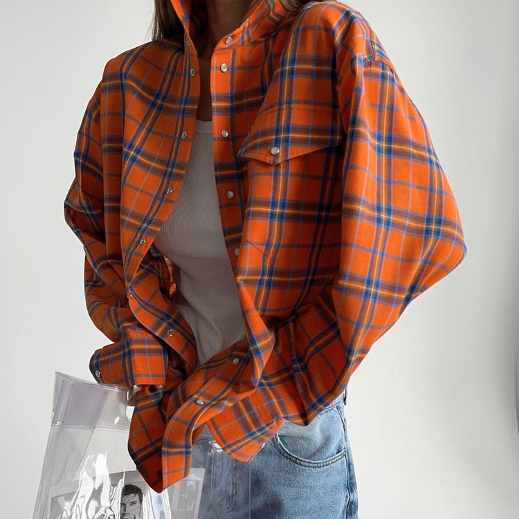 Fall Women Clothing College Orange Plaid Shirt Women Loose Pockets Collared Long Sleeve Shirt