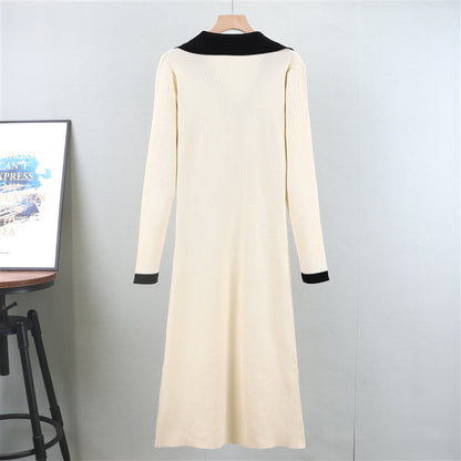 Korean Autumn Winter High Waist Dress V Neck Pullover Long Knitted Sweater A Line Dress