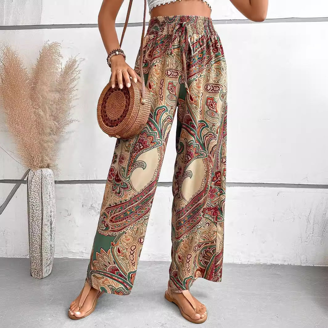 Women Clothing Summer All Match Printed Elastic Waist Wide Leg Pants