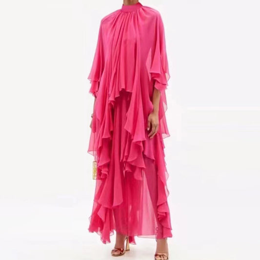 Summer Seaside Elegant Vacation Maxi Dress Summer Fashion Stand Collar Sexy Chiffon Ruffled Tiered Layered Dress