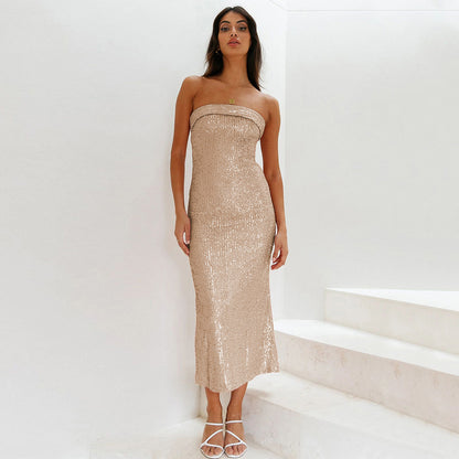 Beaded Dress Sexy Tube Top Sequined Dress High End Women Hollow Out Cutout Sexy Dress Bridesmaid Dress