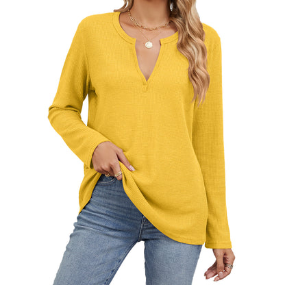 Spring Autumn Loose Fitting V Neck Long Sleeves Solid Color Casual T Shirt Top Women