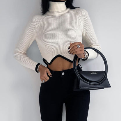 Autumn Winter Women Clothes Turtleneck Irregular Asymmetric Hem Short Sweater Women