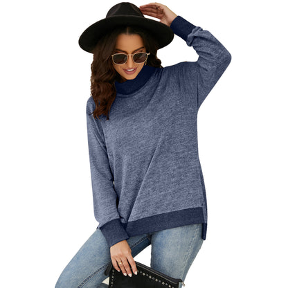 Autumn Winter Long Sleeve High Collar Loose Contrasting Color Cuff Scarf T shirt Top Women