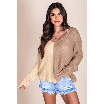 Autumn Winter Color Matching V neck Pullover Sweater Women Casual Loose All Match Knitted Long Sleeved Top for Women