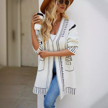 Long Sweater Coat Jacquard All Matching Lazy Knitted Loose Autumn Winter Knitted Cardigan Women