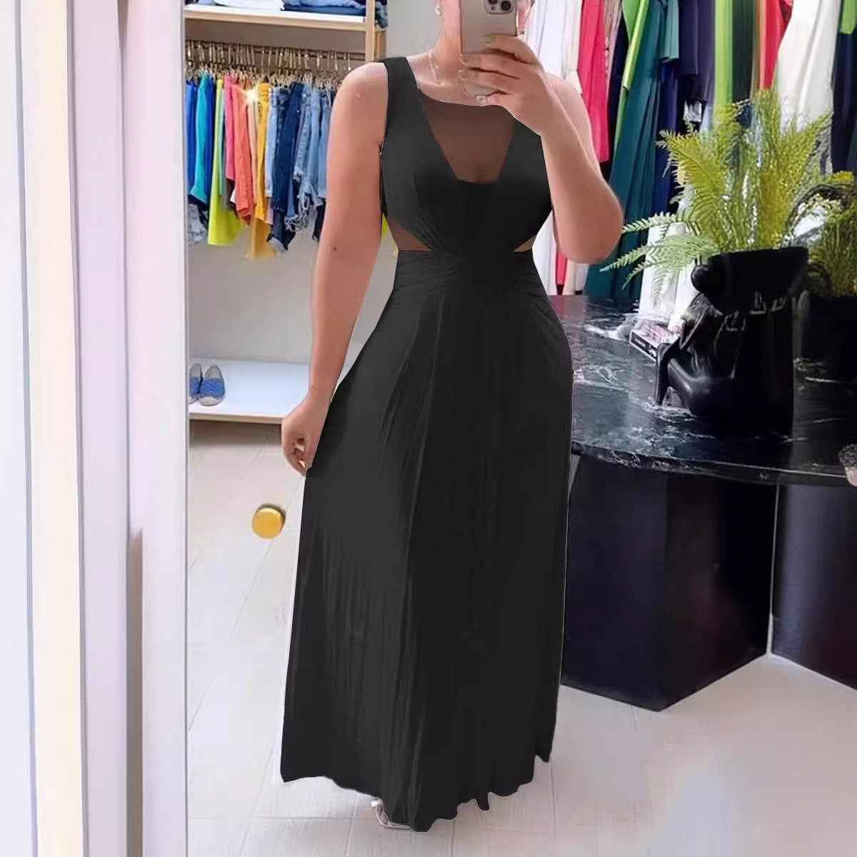 Sexy See Through Bare Back Pleated Elastic Waist Tightening Dress