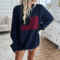 Autumn Winter Top Women Casual Loose Yarn Dyed Independence Day Long Sleeve Sweaters