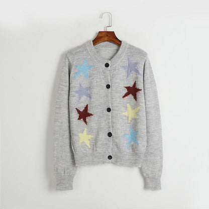 Women Sweater Autumn Winter Five Pointed Star Single Breasted Mohair Knitted Cardigan