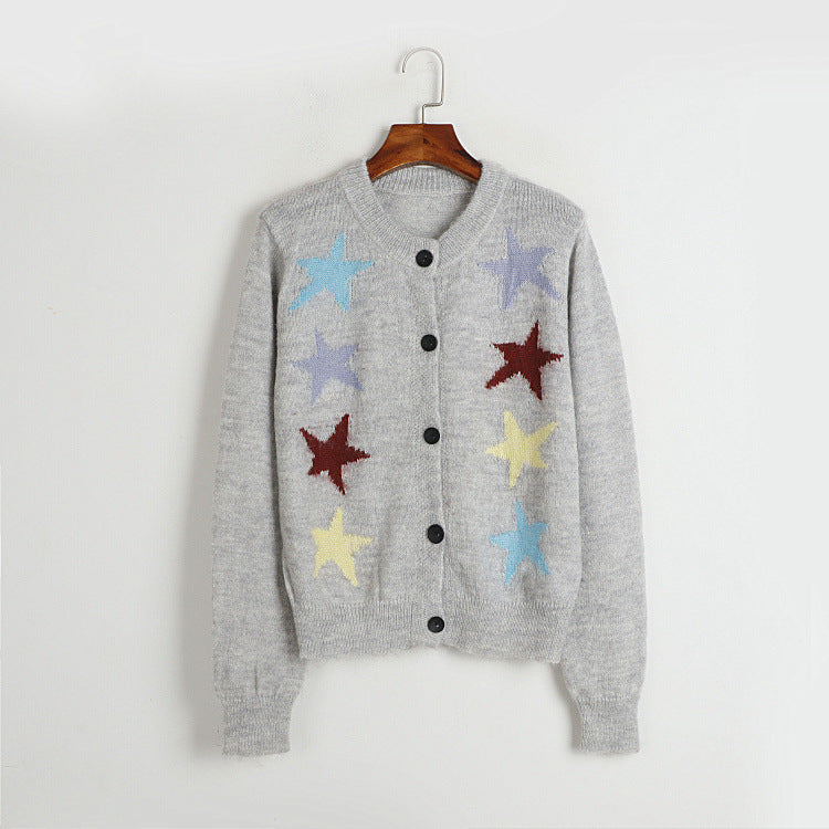 Women Sweater Autumn Winter Five Pointed Star Single Breasted Mohair Knitted Cardigan