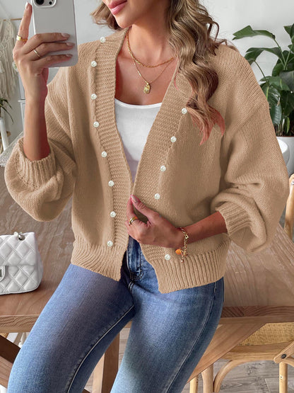 Women Short Pearl Beaded Cardigan Autumn Winter Casual Loose Non Buckle Woven Sweater Coat