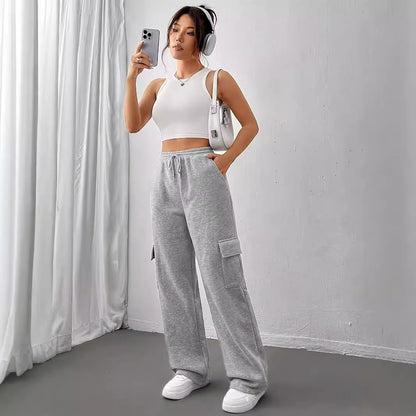 Gray Overalls Women Autumn Winter Casual Sports Pants Loose Wide Leg Pants Women