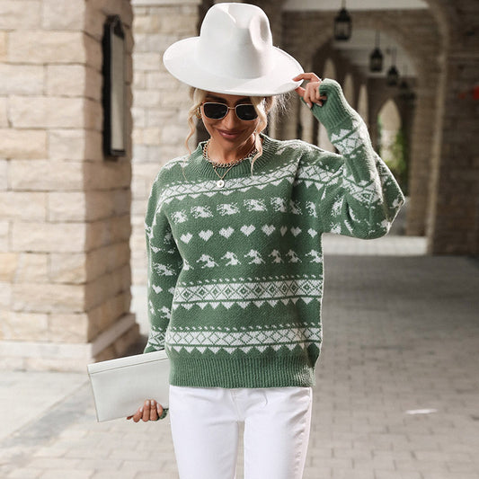 Autumn Winter Women Clothing round Neck Green Christmas Sweater for Women